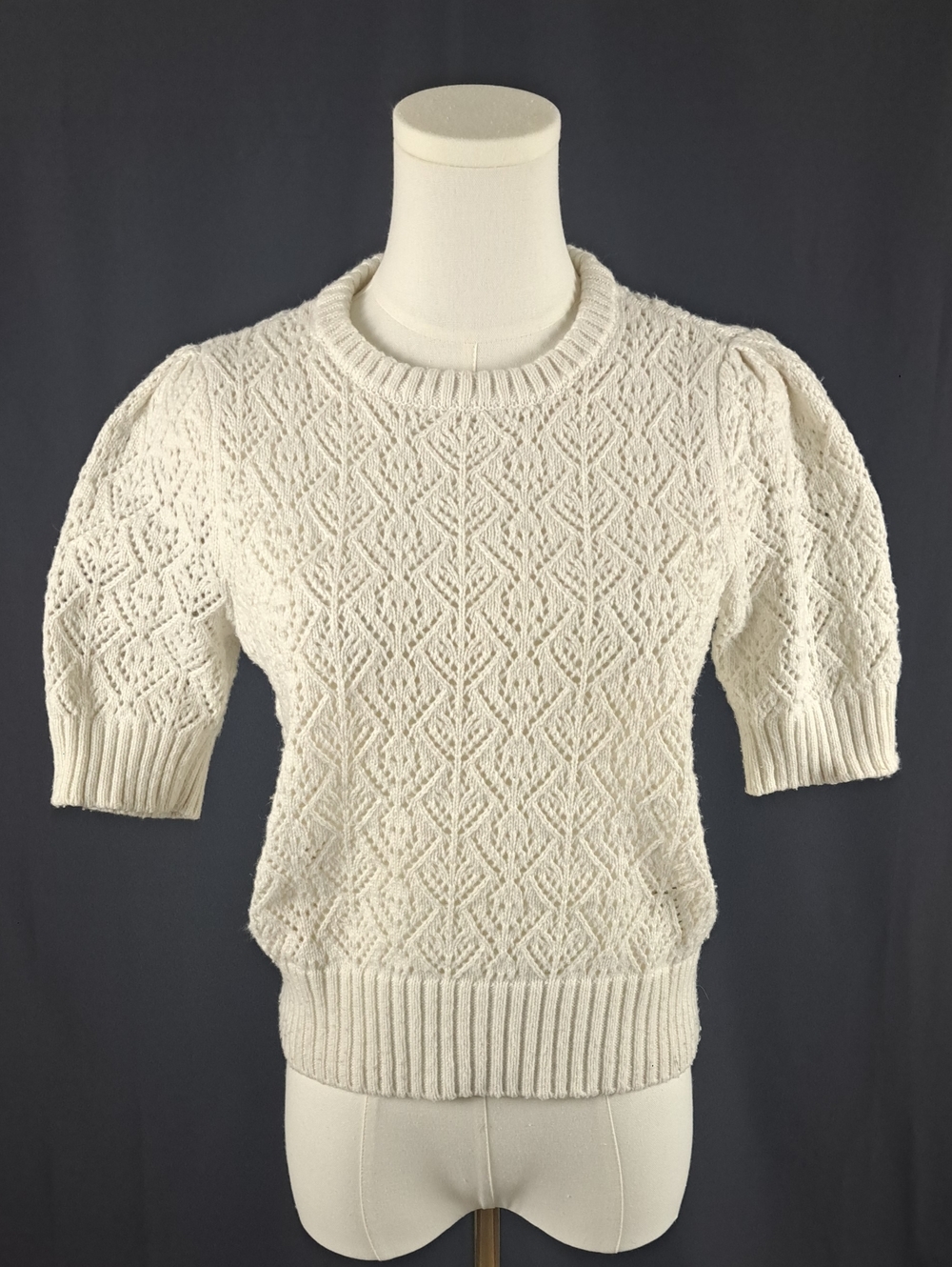 Ivory Openwork Knit Short Sleeve Sweater w Puff Sleeves French Girl Chic S / M